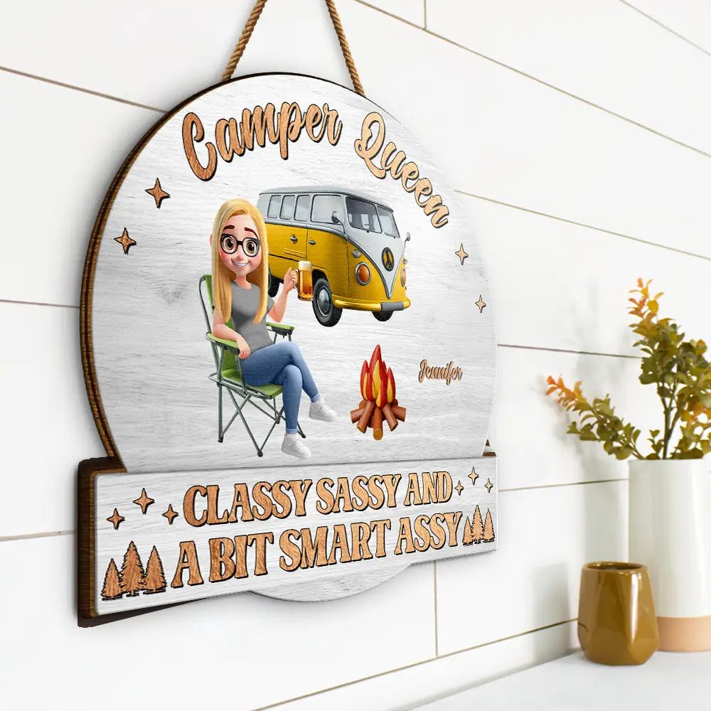 Gift For Bestie,Gift For Sisters,Camping,Happy - Camper Queens Classy Sassy - Personalized Custom Shaped Wood Sign