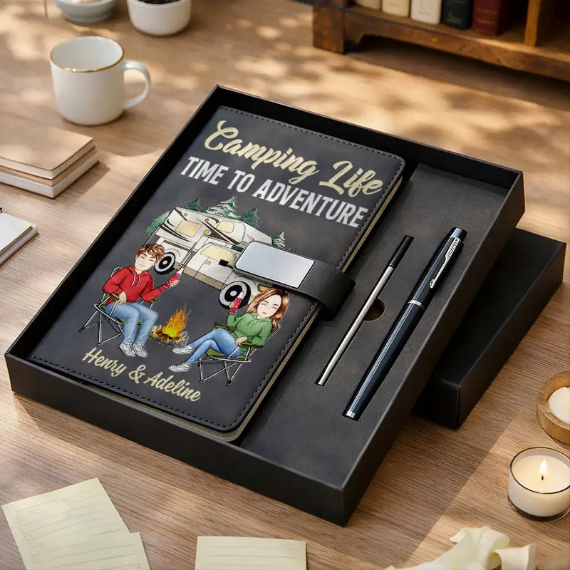 Gift For Couples,Old Couples,Gift For Husband,Gift For Wife,Gift For Boyfriend,Gift For Girlfriend,LGBT,Camping,Love,Travel - Camping Couple The Adventure Begins - Personalized Leather Notebook Set