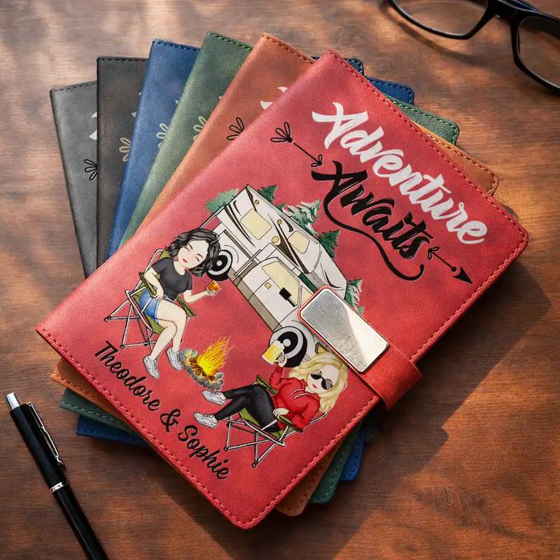 Gift For Couples,Old Couples,Gift For Husband,Gift For Wife,Gift For Boyfriend,Gift For Girlfriend,LGBT,Camping,Love,Travel - Camping Couple The Adventure Begins - Personalized Leather Notebook Set