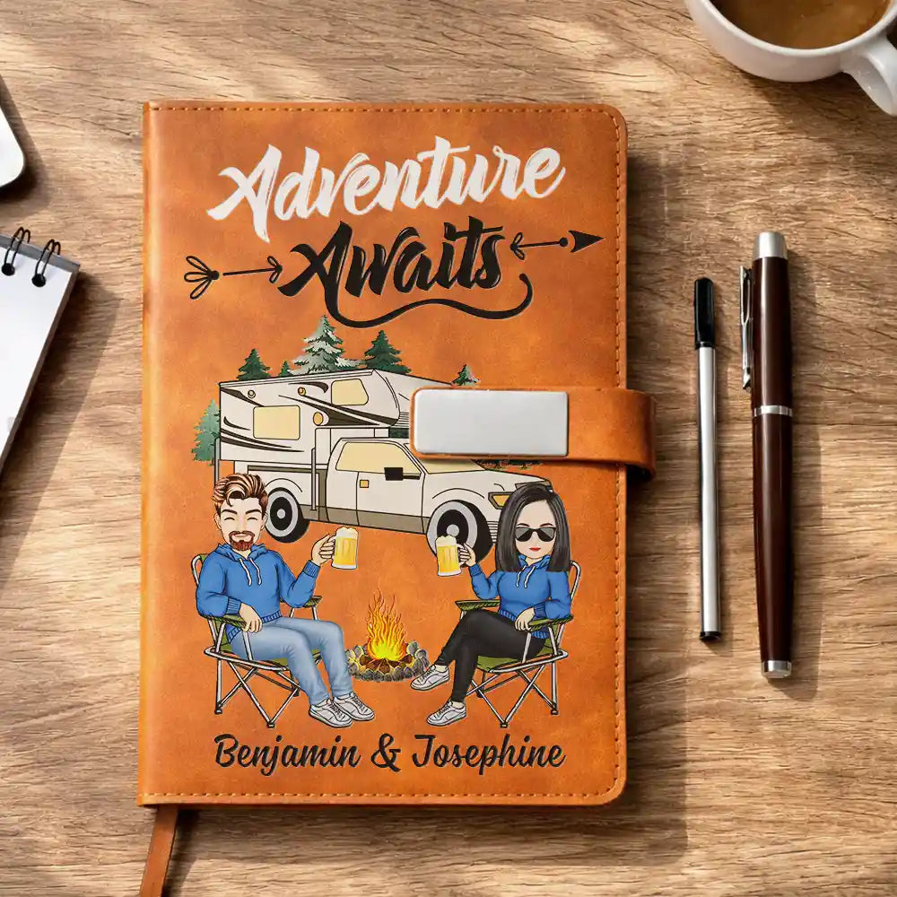 Gift For Couples,Old Couples,Gift For Husband,Gift For Wife,Gift For Boyfriend,Gift For Girlfriend,LGBT,Camping,Love,Travel - Camping Couple The Adventure Begins - Personalized Leather Notebook Set
