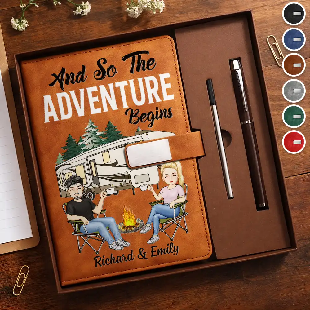 Gift For Couples,Old Couples,Gift For Husband,Gift For Wife,Gift For Boyfriend,Gift For Girlfriend,LGBT,Camping,Love,Travel - Camping Couple The Adventure Begins - Personalized Leather Notebook Set
