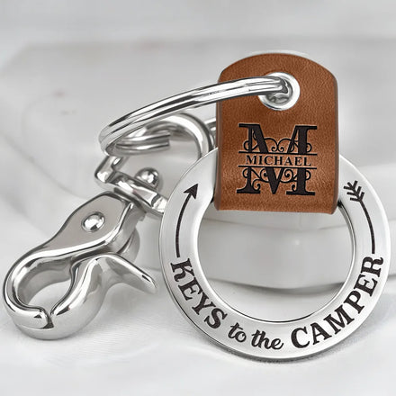 Camping Dad Mom Keys To The Camper Monogram Initial - Personalized Leather Coordinates Keychain