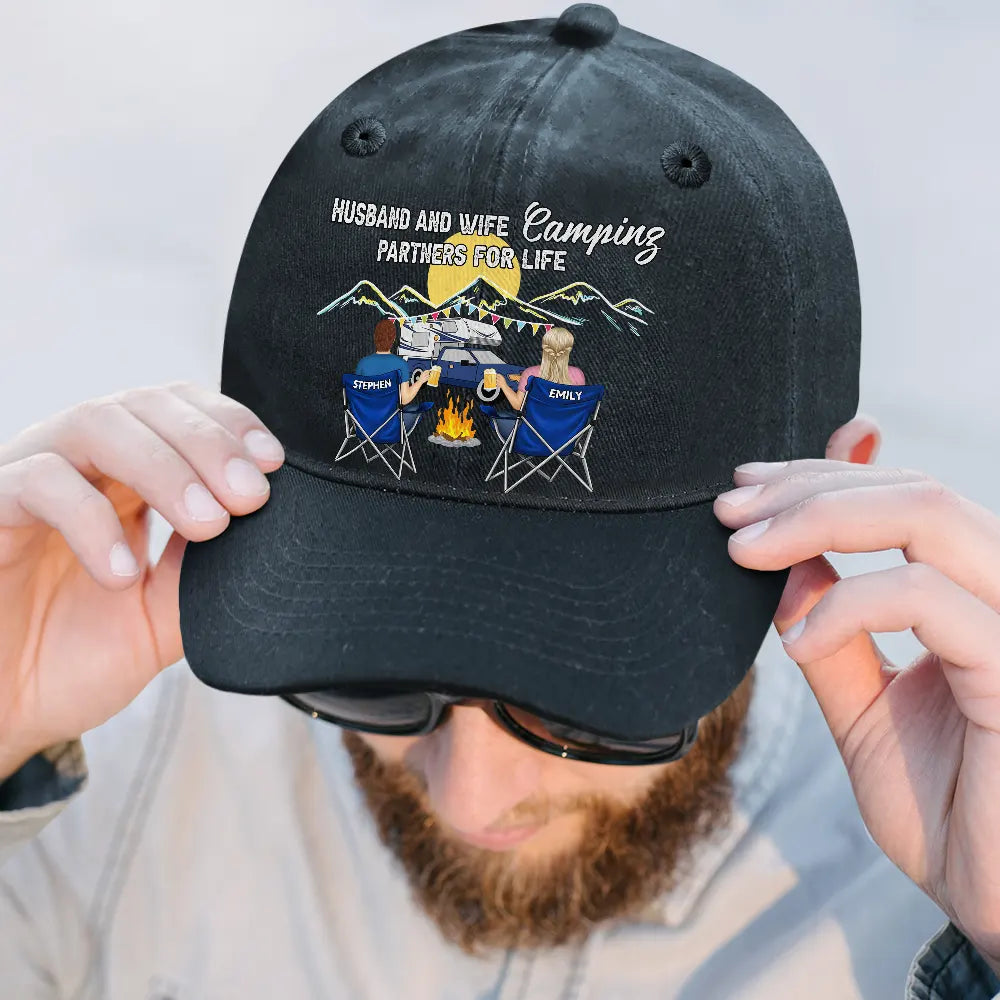 Camping,Campsite,Gift For Couples,Happy,Gift For Husband,Gift For Girlfriend,Gift For Boyfriend,Gift For Wife - Camping Partners For Life - Personalized Vintage Washed Denim Cap