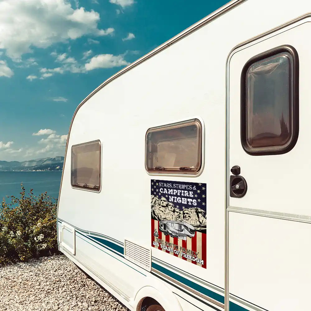 America 250th, Independence Day - Camping Stars Stripes And Campfire Nights - Personalized Decor Decal