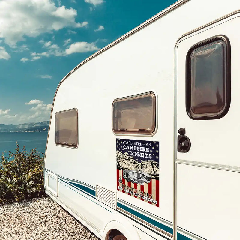 America 250th, Independence Day - Camping Stars Stripes And Campfire Nights - Personalized Decor Decal