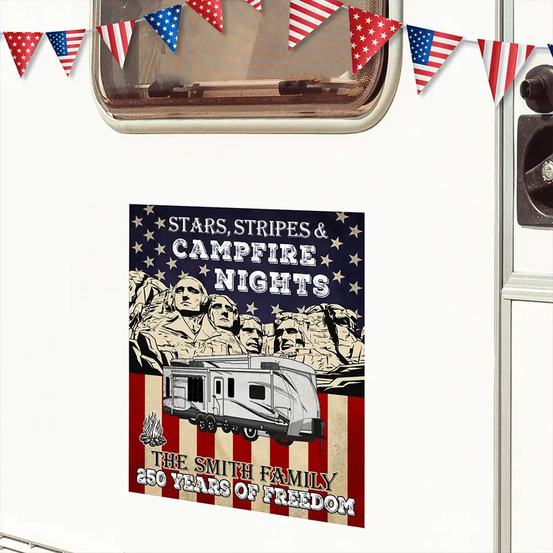 America 250th, Independence Day - Camping Stars Stripes And Campfire Nights - Personalized Decor Decal