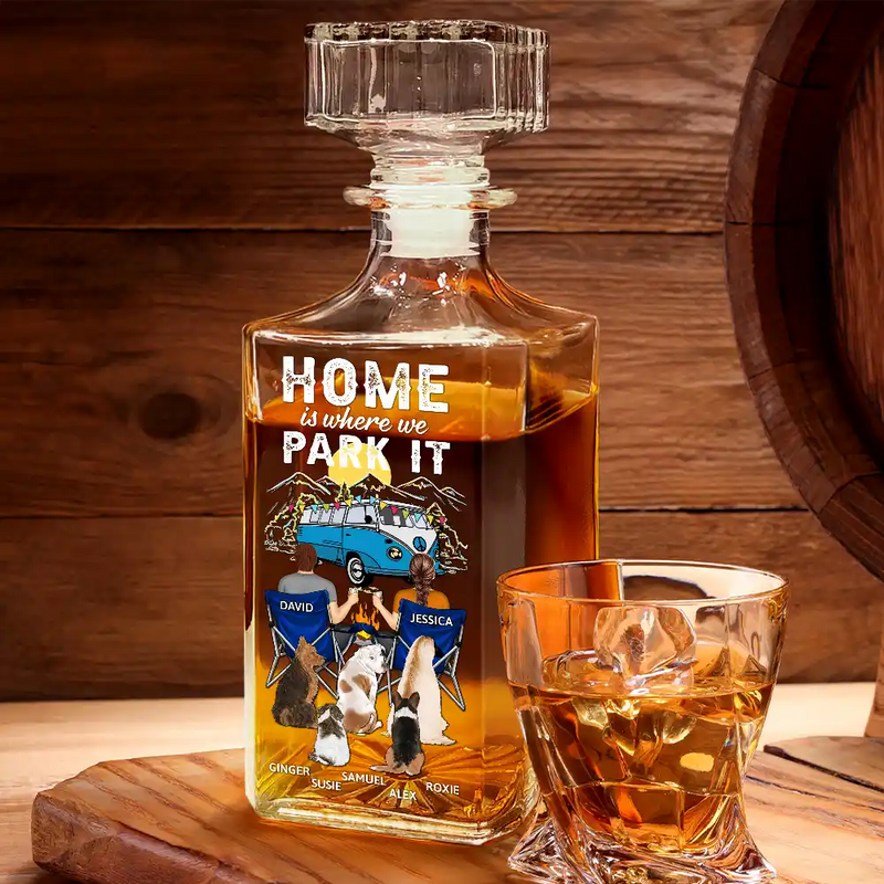 Pet Couple, Camping, Campsite, Happy - Camping You And Me And The Dogs - Personalized Square Whiskey Bottle