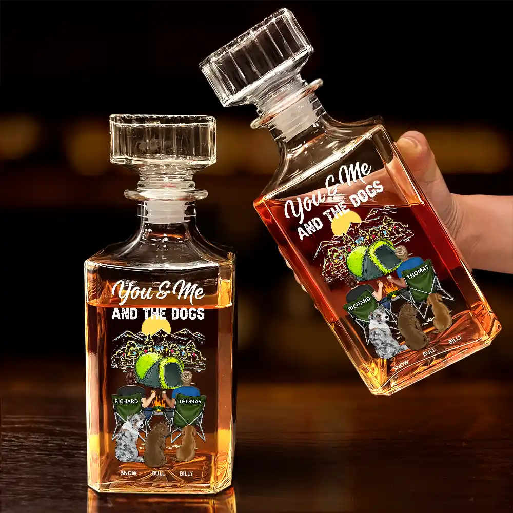 Pet Couple, Camping, Campsite, Happy - Camping You And Me And The Dogs - Personalized Square Whiskey Bottle