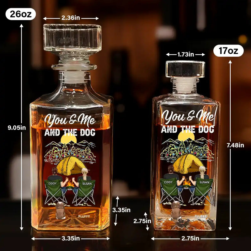 Pet Couple, Camping, Campsite, Happy - Camping You And Me And The Dogs - Personalized Square Whiskey Bottle