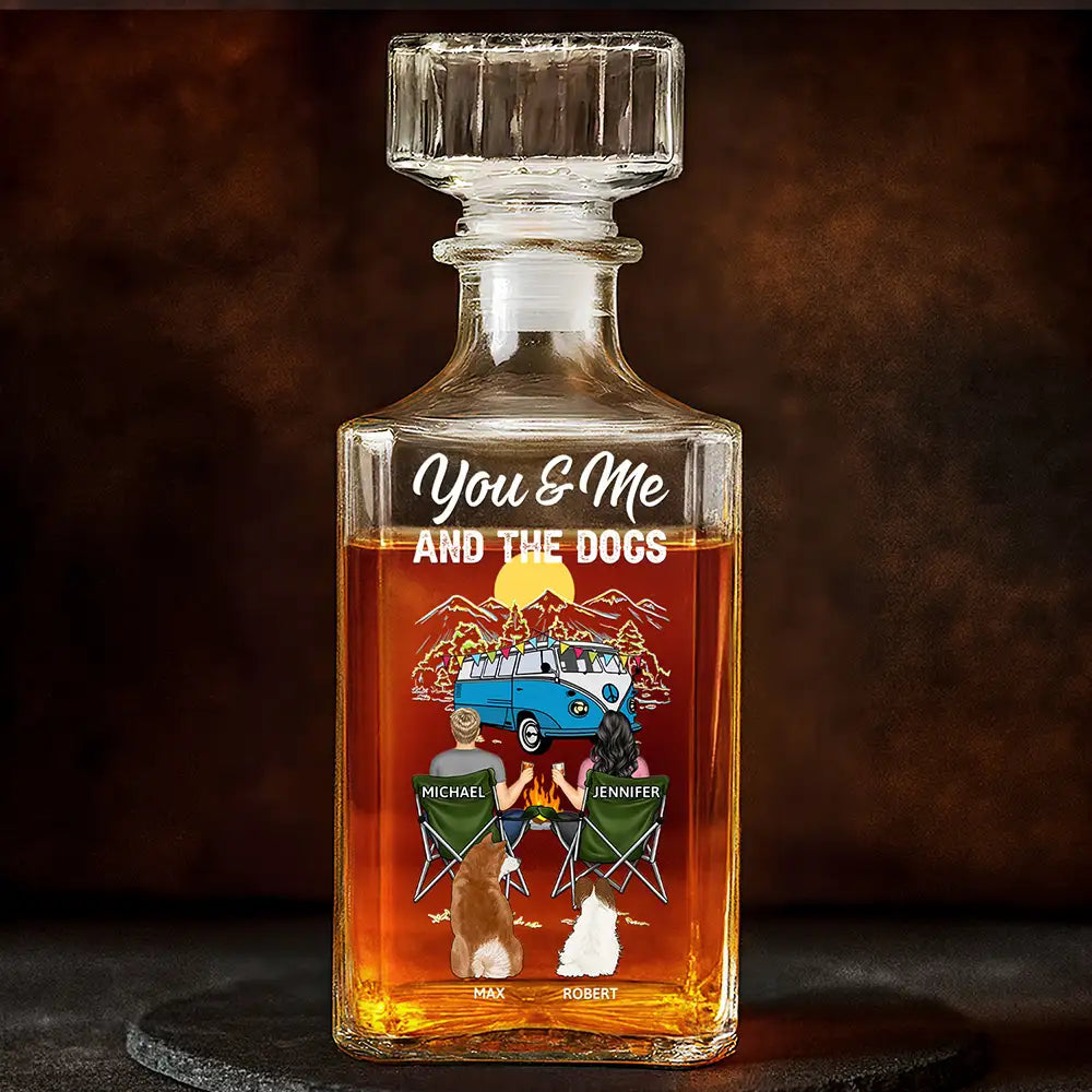 Camping You And Me And The Dogs - Personalized Square Whiskey Bottle