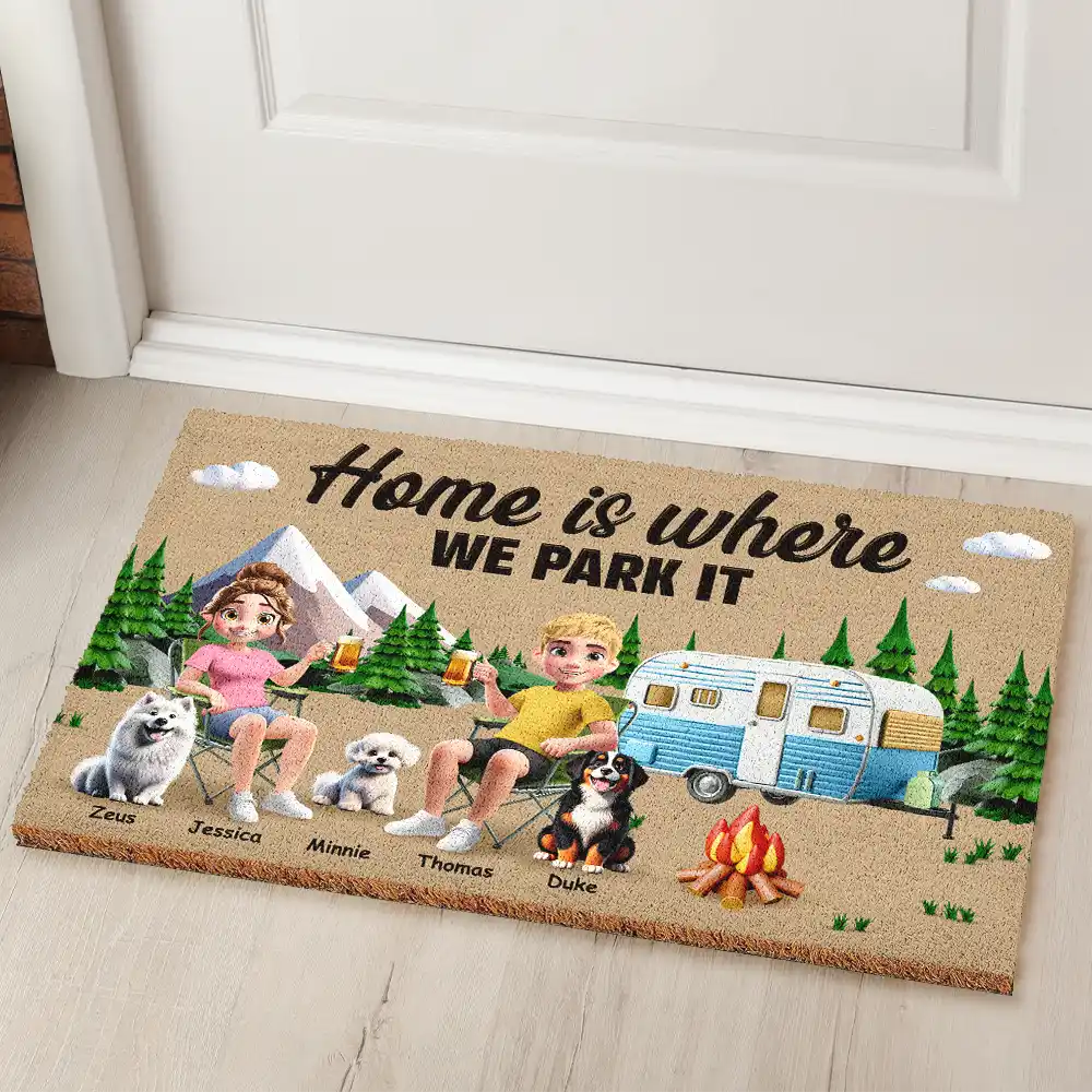 Camping,Campsite,Gift For Couples,Dog Couple,Pet Couple,Couple's Hobby,Happy - Camping You & Me And The Dogs - Personalized Coconut Doormat