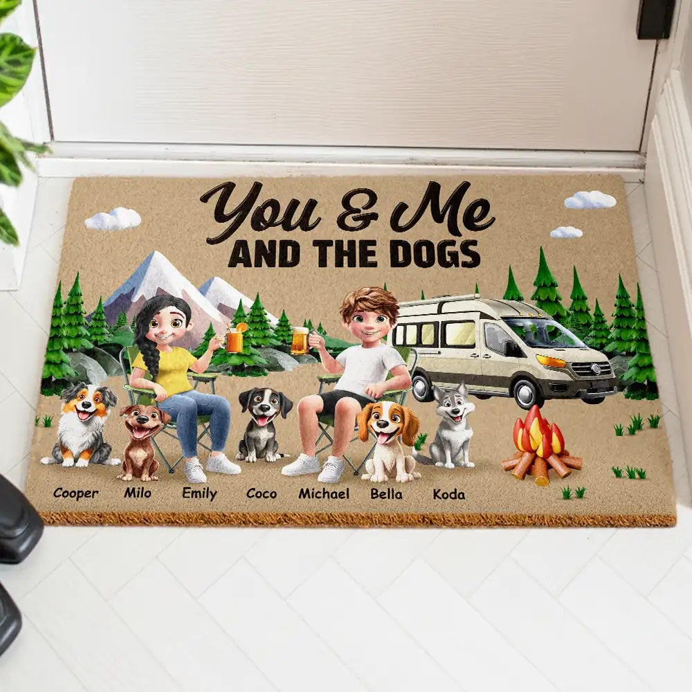 Camping,Campsite,Gift For Couples,Dog Couple,Pet Couple,Couple's Hobby,Happy - Camping You & Me And The Dogs - Personalized Coconut Doormat