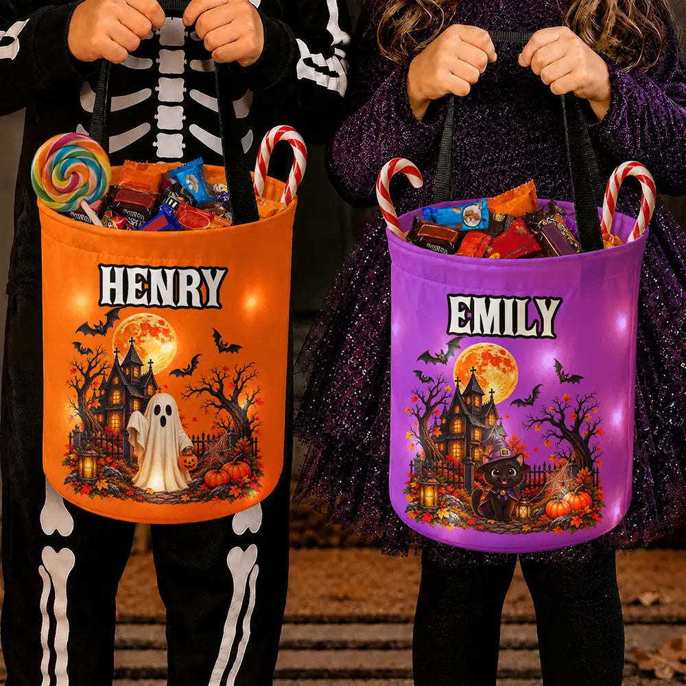 Candy Bag For Kids Halloween Character Custom Name - Personalized Glowing Halloween Basket