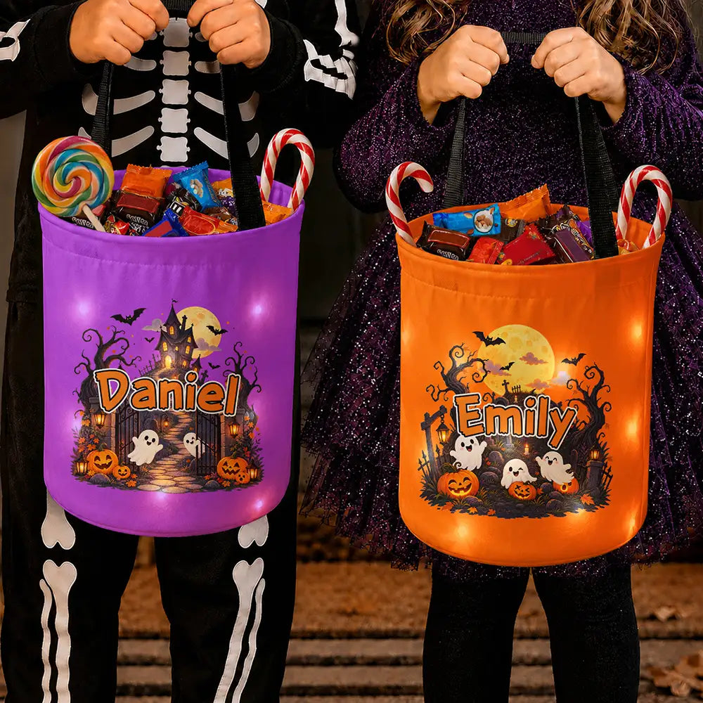 Candy Bag For Kids Haunted Places Ghost Custom Name - Personalized Glowing Halloween Basket