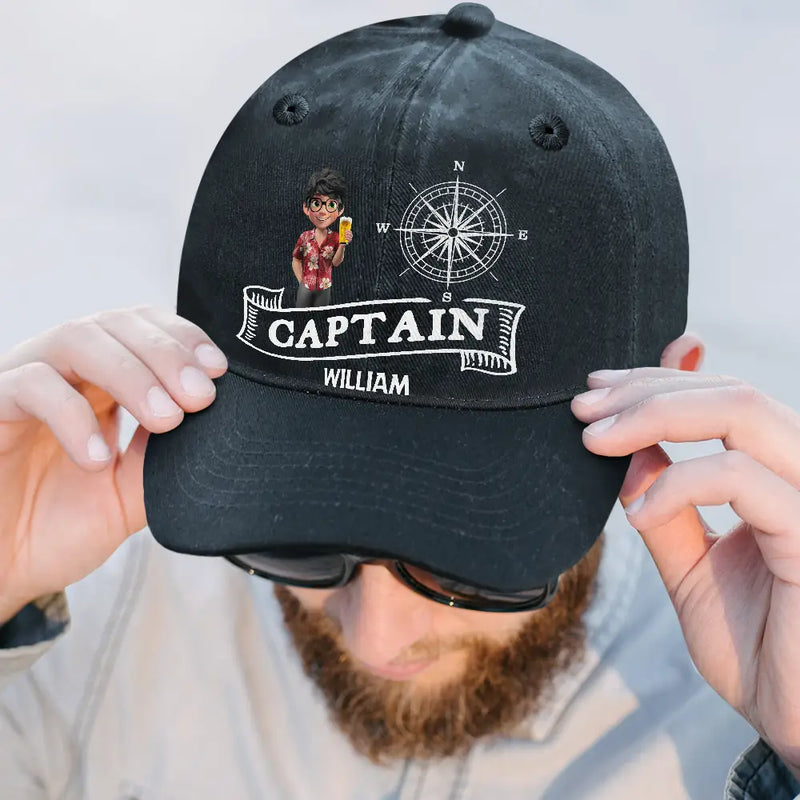 Gift For Boyfriend,Gift For Husband,Gift For Yourself,Happy,Gift For Men,Gift For Wife,Gift For Girlfriend,Gift For Women - Captain Boating - Personalized Vintage Washed Denim Cap