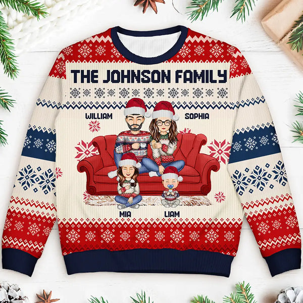 Gift For Couples, Pet Couple - Cartoon Couple With Kids And Pets - Personalized Unisex Ugly Sweater