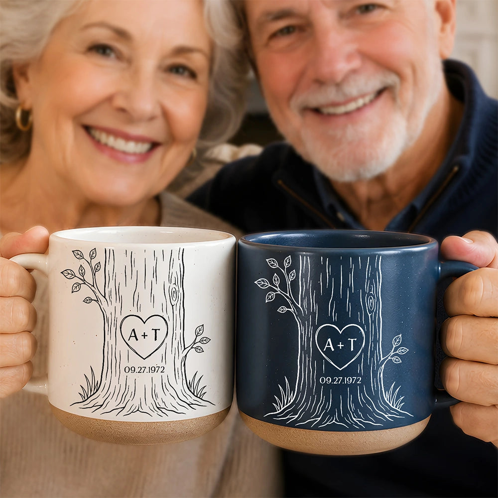 Carved Initials In A Heart Tree Couple - Personalized Pottery Mug