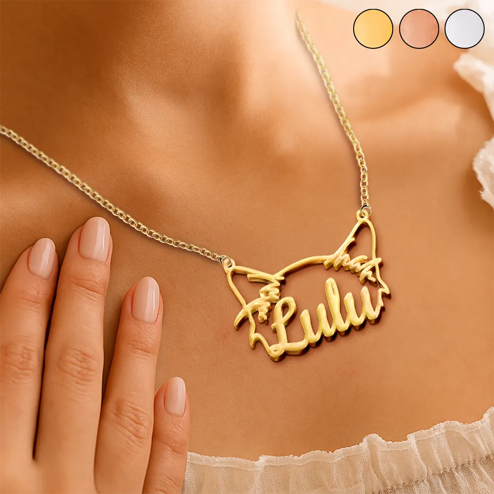 Cat Ears Line Art With Custom Name - Personalized Letter Necklace