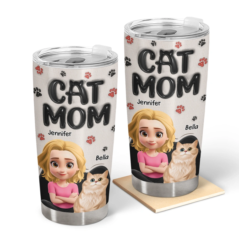 Cat Mom Cat Mum 3D Effect - Personalized Tumbler