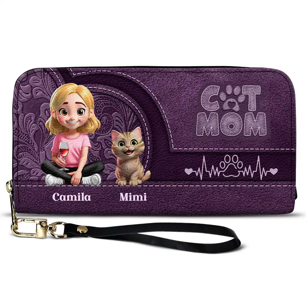 Cat Mom, Cat Lovers, Happy - Cat Mom Mum 3D Effect - Personalized Leather Long Wallet