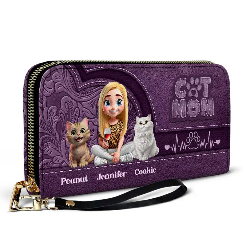 Cat Mom, Cat Lovers, Happy - Cat Mom Mum 3D Effect - Personalized Leather Long Wallet