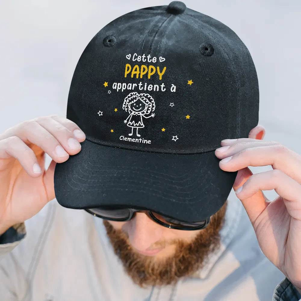 Gift For Yourself,Gift For Men,Gift For Grandpa,Gift For Father,Dog Dad,Cat Dad,Pet Dad,Gift For Mother,Gift For Grandma,Happy,Stick Figure,French - Ce Grand-Père Papa Appartient À - Casquette En Denim Vintage Délavé Personnalisée