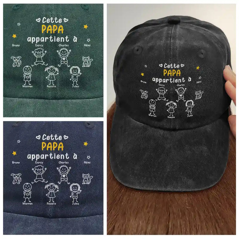 Gift For Yourself,Gift For Men,Gift For Grandpa,Gift For Father,Dog Dad,Cat Dad,Pet Dad,Gift For Mother,Gift For Grandma,Happy,Stick Figure,French - Ce Grand-Père Papa Appartient À - Casquette En Denim Vintage Délavé Personnalisée