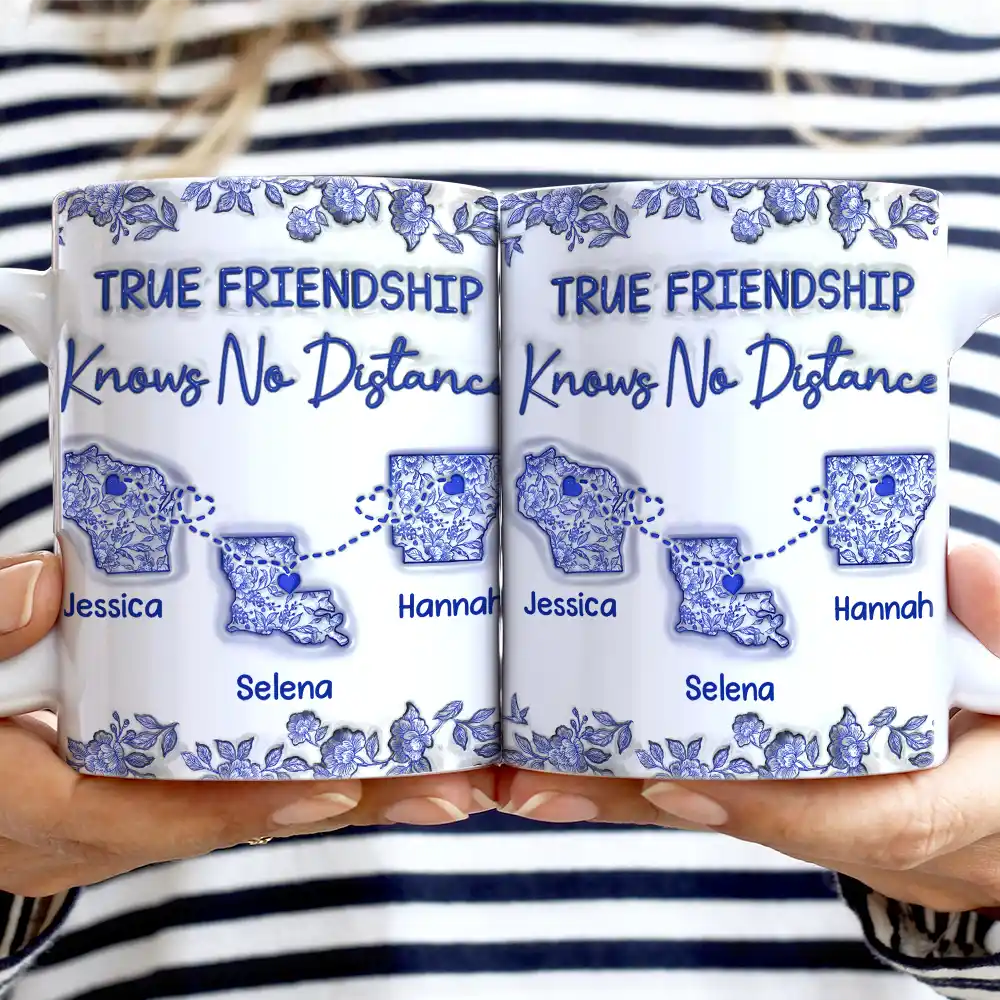 Gift For Bestie, Long Distance, Gift For Women, Happy, Christmas - Chinoiserie Toile 3D Inflated Effect Never Too Far To Have Coffee Together - Personalized White Edge-to-Edge Mug