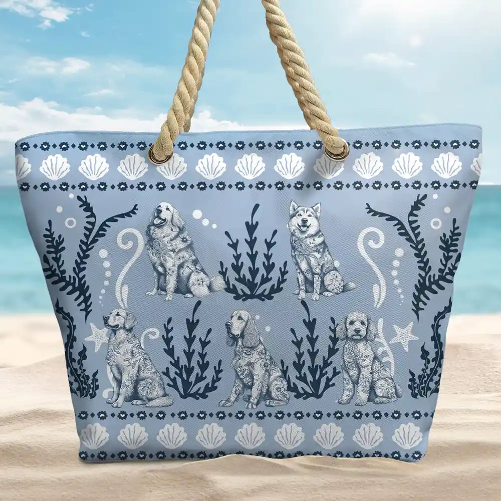 Gift For Yourself, Gift For Women, Dog Lovers, Dog Mom, Pet Lovers, Pet Mom, Summer, Beach, Happy - Chinoiserie Toile Dog Marine Pattern - Personalized Beach Bag