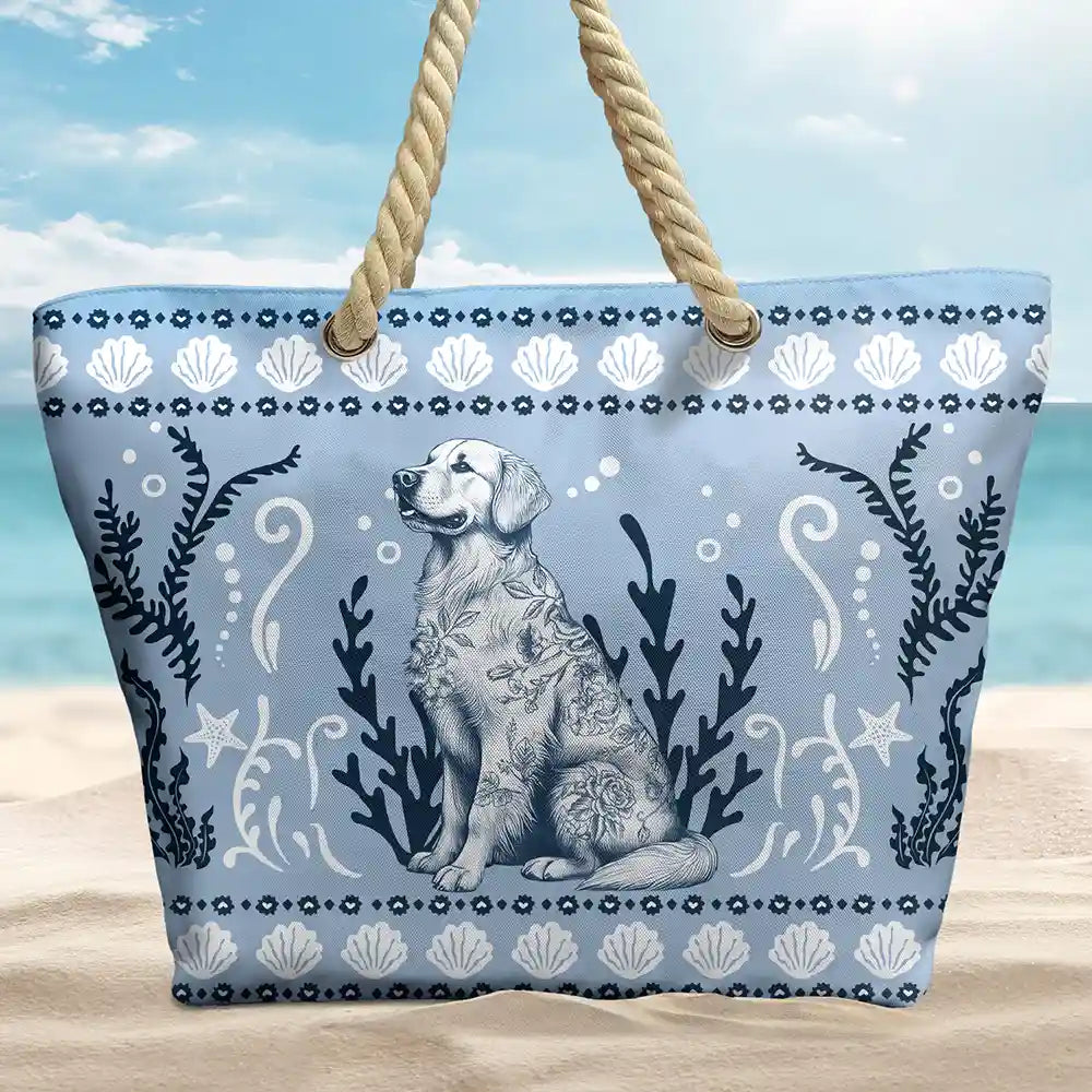 Gift For Yourself, Gift For Women, Dog Lovers, Dog Mom, Pet Lovers, Pet Mom, Summer, Beach, Happy - Chinoiserie Toile Dog Marine Pattern - Personalized Beach Bag