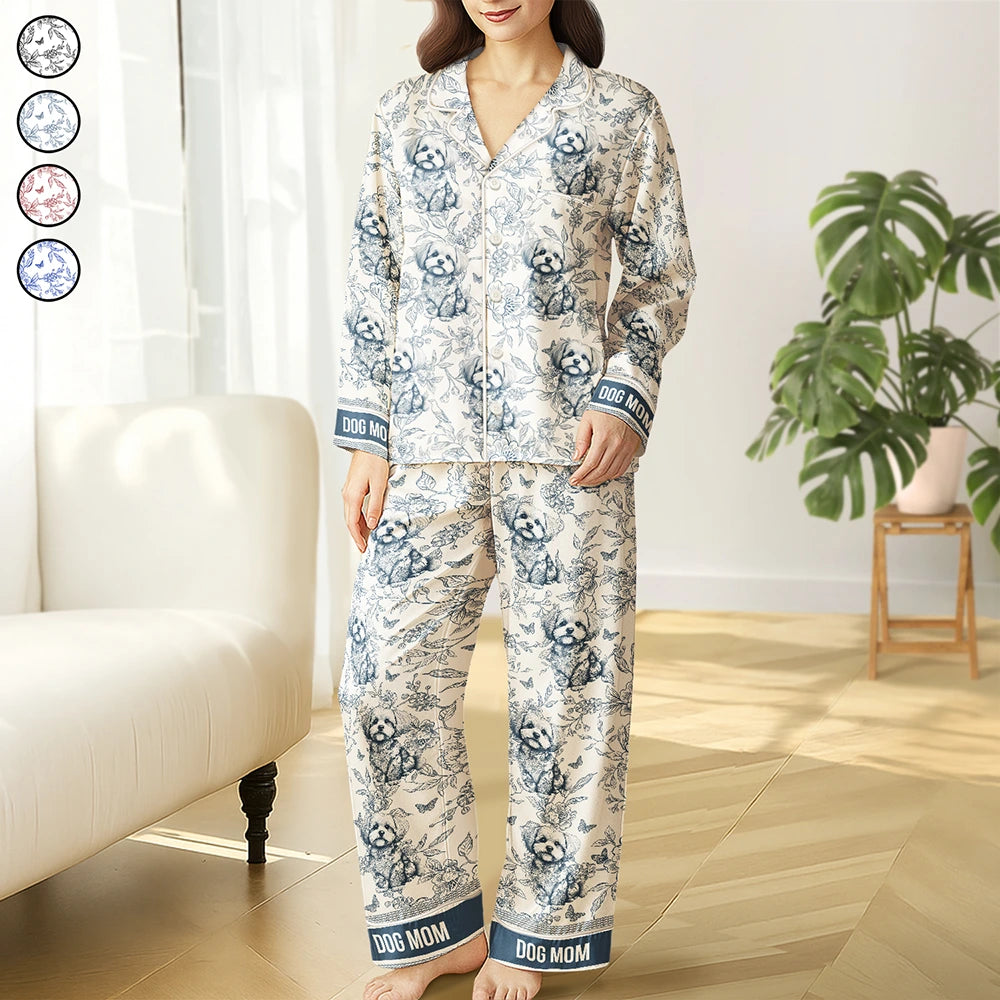 Chinoiserie Toile Dog Mom Cat Mom - Personalized Satin Pajama Set