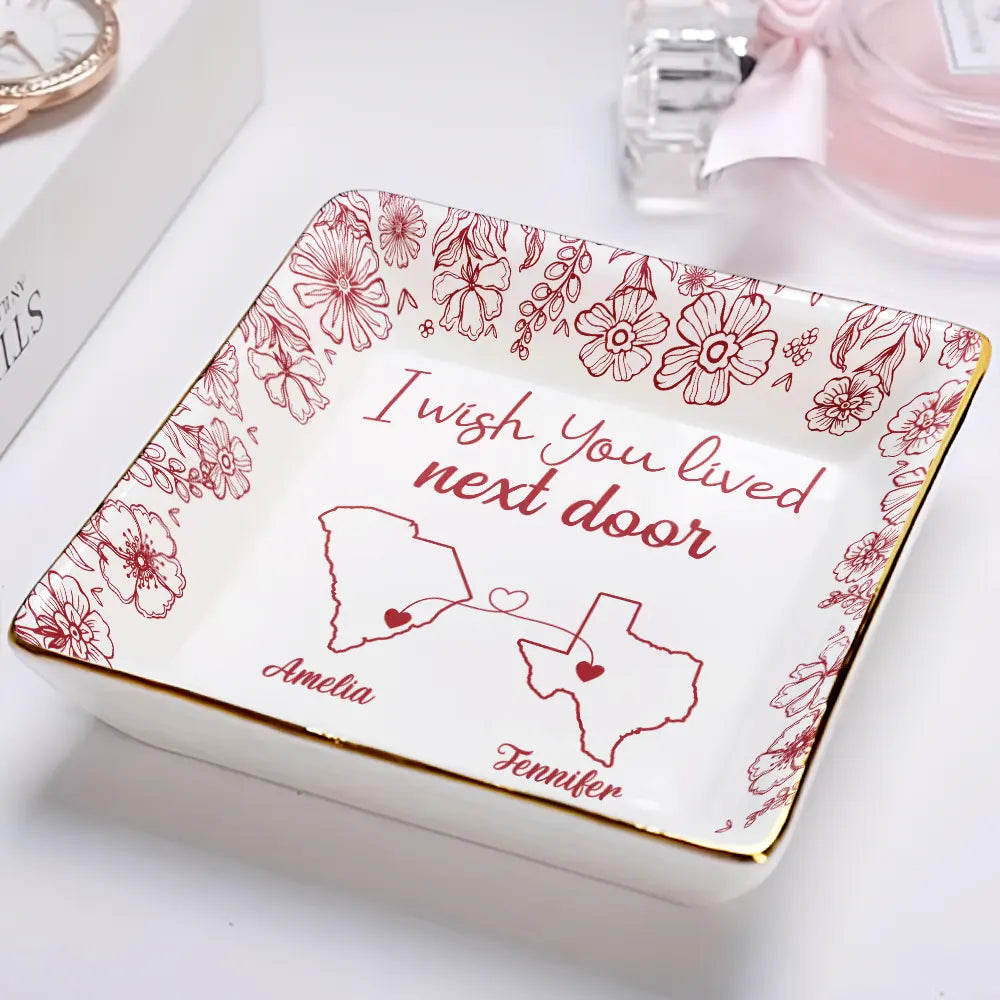 Gift For Bestie,Long Distance,Love - Chinoiserie Toile I Wish We Lived Closer - Personalized Ring Dish
