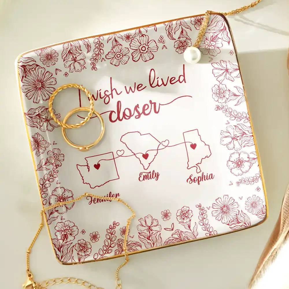 Gift For Bestie,Long Distance,Love - Chinoiserie Toile I Wish We Lived Closer - Personalized Ring Dish