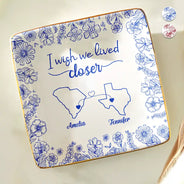 Gift For Bestie,Long Distance,Love - Chinoiserie Toile I Wish We Lived Closer - Personalized Ring Dish