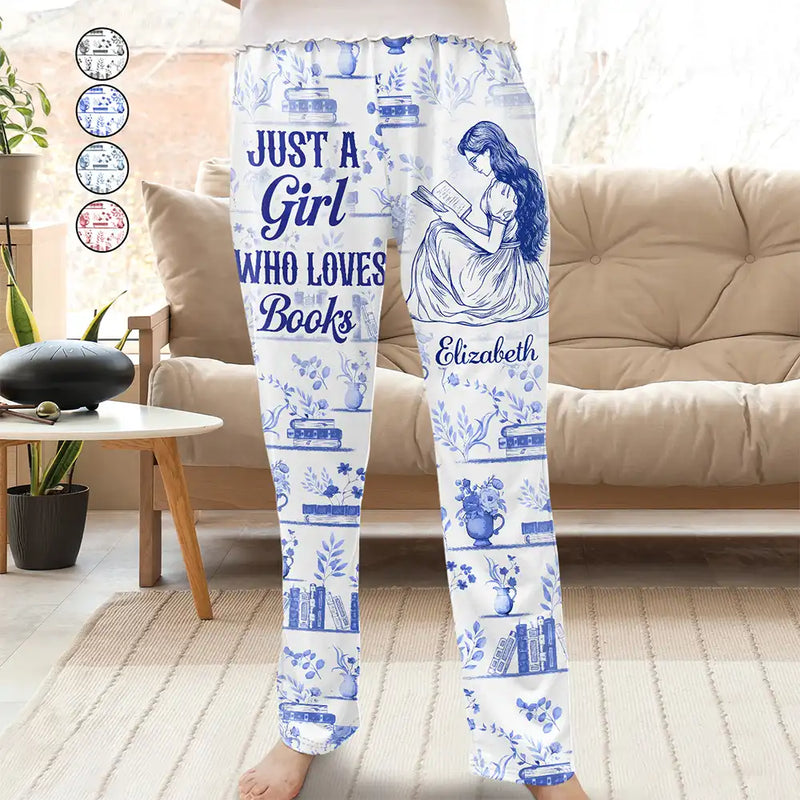 Reading, Gift For Women, Happy - Chinoiserie Toile Just A Girl Who Loves Books - Personalized Pajama Pants