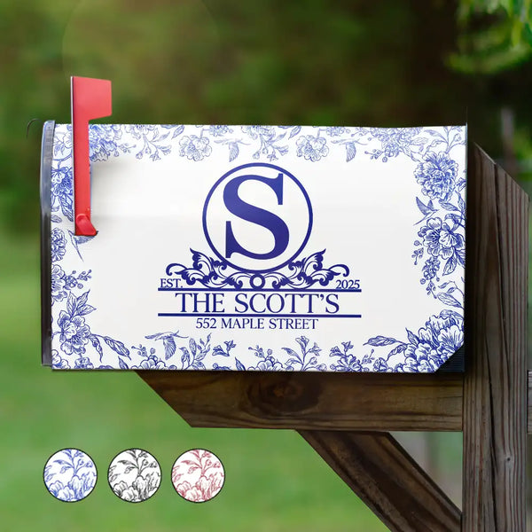 Family, Christmas - Chinoiserie Toile Monogram And Family Name - Personalized Mailbox Cover