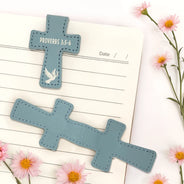 Christian, Reading, Gift For Yourself - Christian Symbol With Name Bible Verse Reference - Personalized Cross Leather Magnetic Bookmark