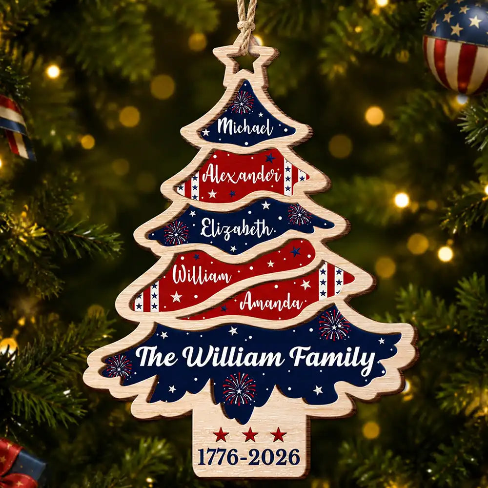 Independence Day,America 250th,Christmas,Proud,Family,Custom Text - Christmas Family United Like Branches Rooted In Pride - Personalized 2-Layered Wooden Ornament