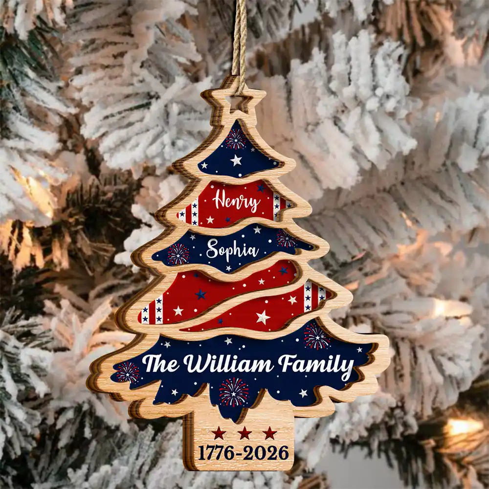 Independence Day,America 250th,Christmas,Proud,Family,Custom Text - Christmas Family United Like Branches Rooted In Pride - Personalized 2-Layered Wooden Ornament