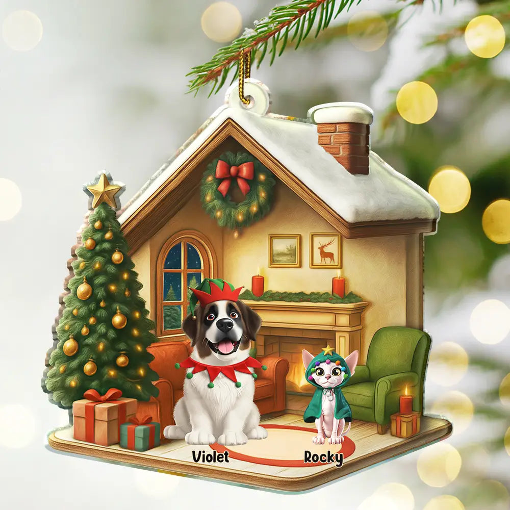 Pet Lovers,Dog Lovers,Dog Mom,Dog Dad,Cat Lovers,Cat Mom,Cat Dad,Christmas,Happy - Christmas 3D Effect Dog Cat - Personalized Custom Shaped Acrylic Ornament
