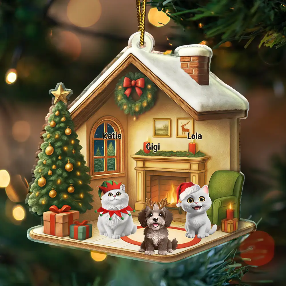 Pet Lovers,Dog Lovers,Dog Mom,Dog Dad,Cat Lovers,Cat Mom,Cat Dad,Christmas,Happy - Christmas 3D Effect Dog Cat - Personalized Custom Shaped Acrylic Ornament