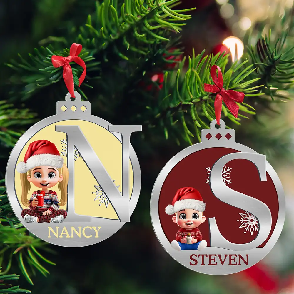 Gift For Kids,Happy,Christmas - Christmas Ball Monogram Kid 3D Effect - Personalized Metal Ornament