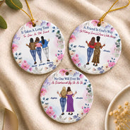 Afro Besties,Christmas,Gift For Bestie,Humorous,Vector - Christmas Besties Entertained By Us As Us - Personalized Floral Circle Ceramic Ornament