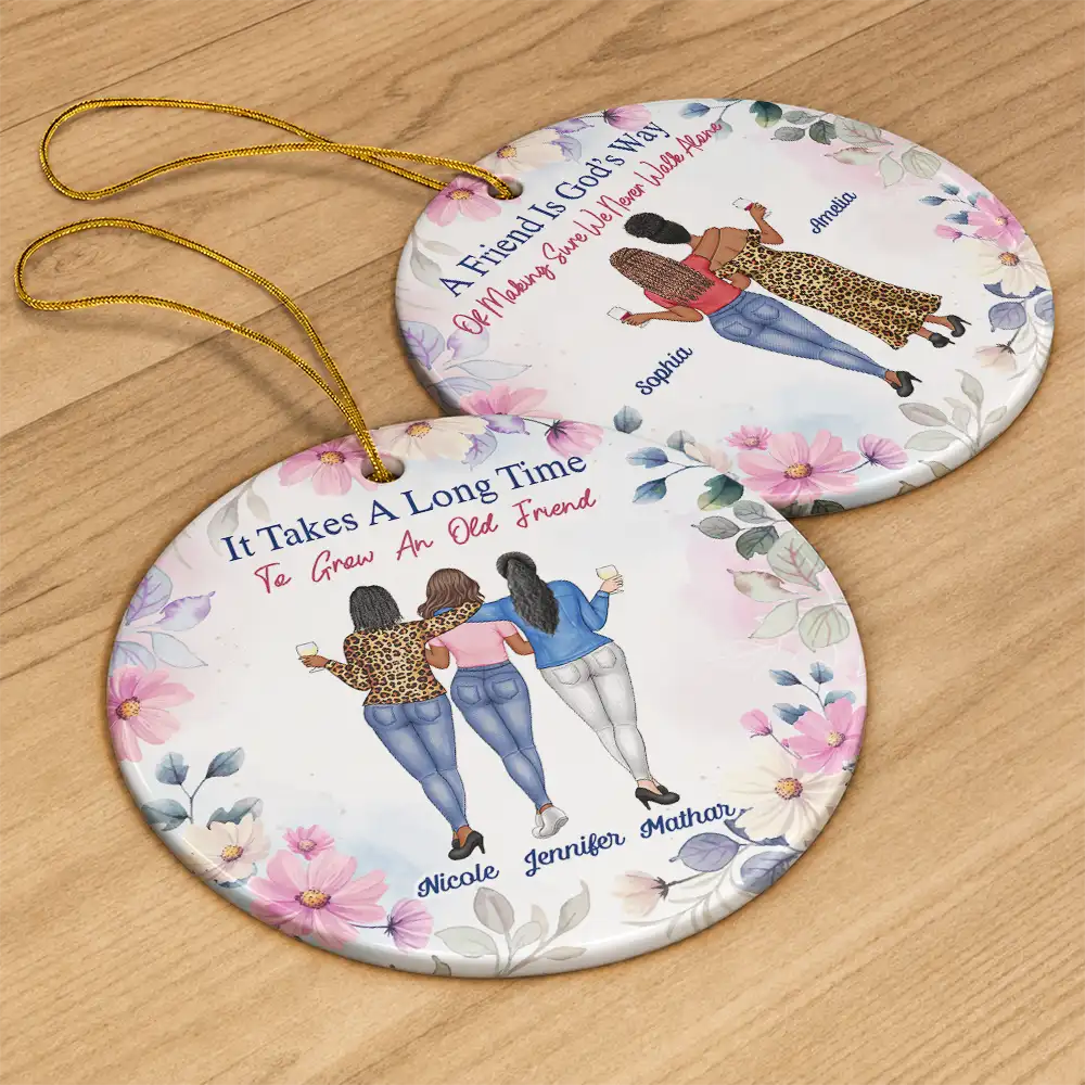 Afro Besties,Christmas,Gift For Bestie,Humorous,Vector - Christmas Besties Entertained By Us As Us - Personalized Floral Circle Ceramic Ornament