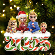 Family,Pet Lovers,Pet Mom,Pet Dad,Pet Couple,Dog Lovers,Dog Couple,Dog Mom,Dog Dad,Cat Lovers,Cat Mom,Cat Dad,Cat Couple,Happy,Christmas,Top Market - Christmas Candy 3D Effect Family Sitting - Personalized Custom Shaped Acrylic Ornament