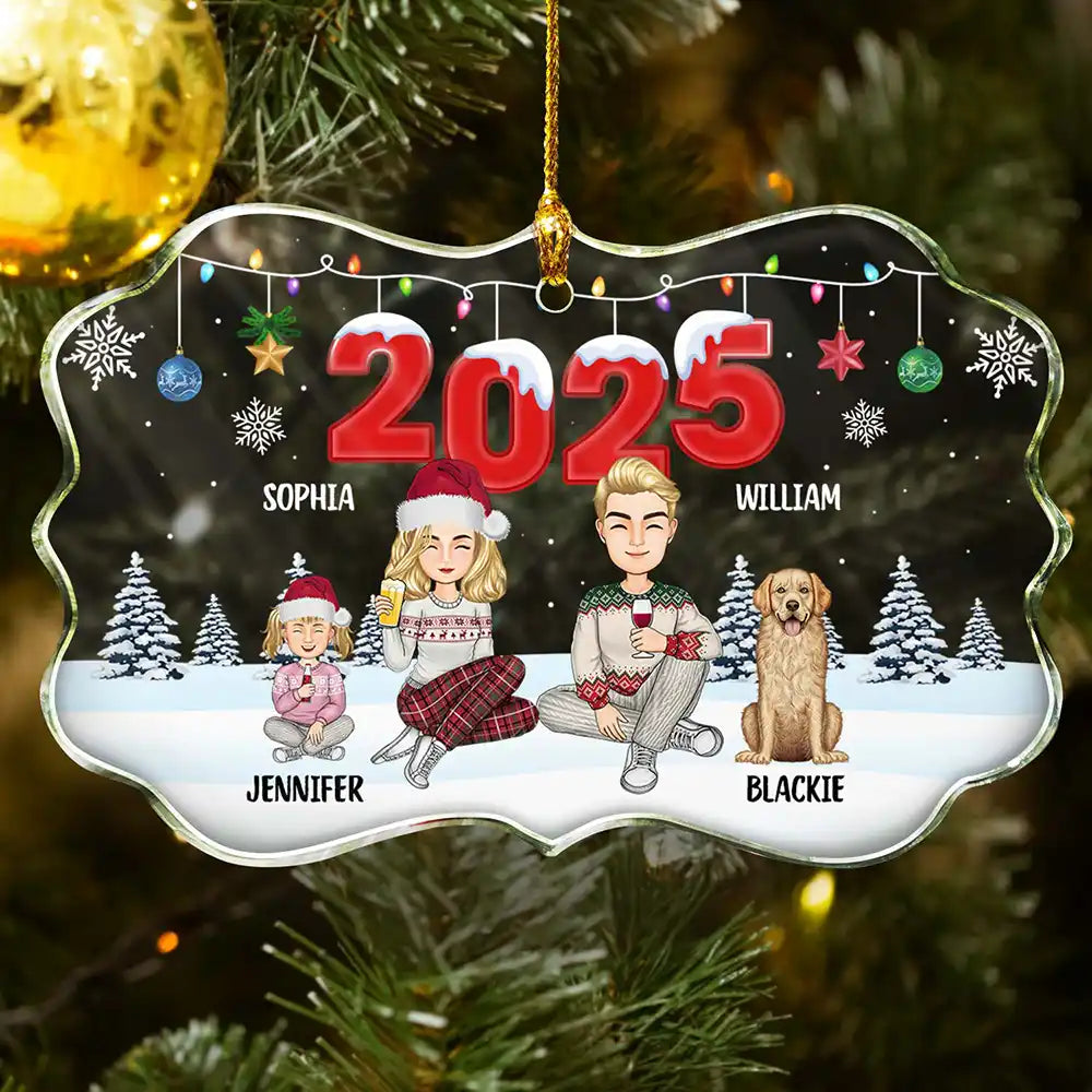 Christmas Cartoon Family Dog Cat - Personalized Medallion Glass Ornament