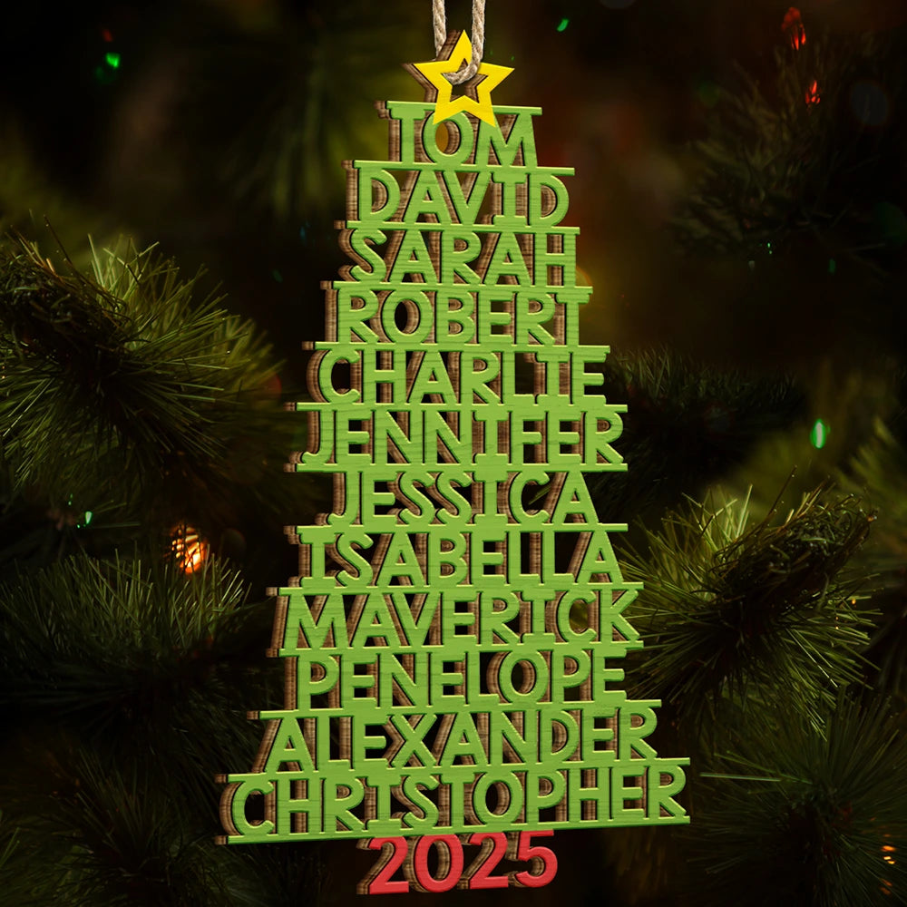 Christmas Color Tree Family Name Up To 17 Names - Personalized Custom Shaped Wooden Ornament