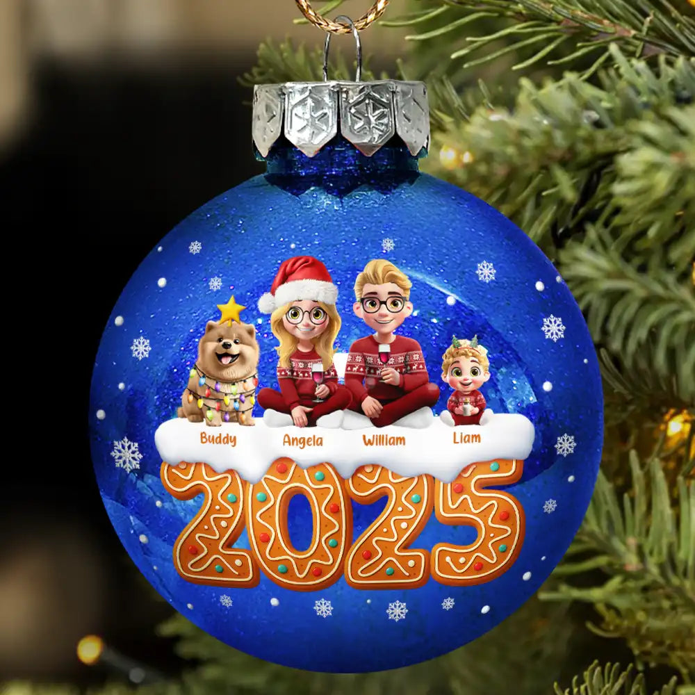 Family,Pet Lovers,Pet Mom,Pet Dad,Pet Couple,Dog Lovers,Dog Couple,Dog Mom,Dog Dad,Cat Lovers,Cat Mom,Cat Dad,Cat Couple,Happy,Christmas - Christmas Family Gingerbread 3D Effect - Personalized Ball Ornament