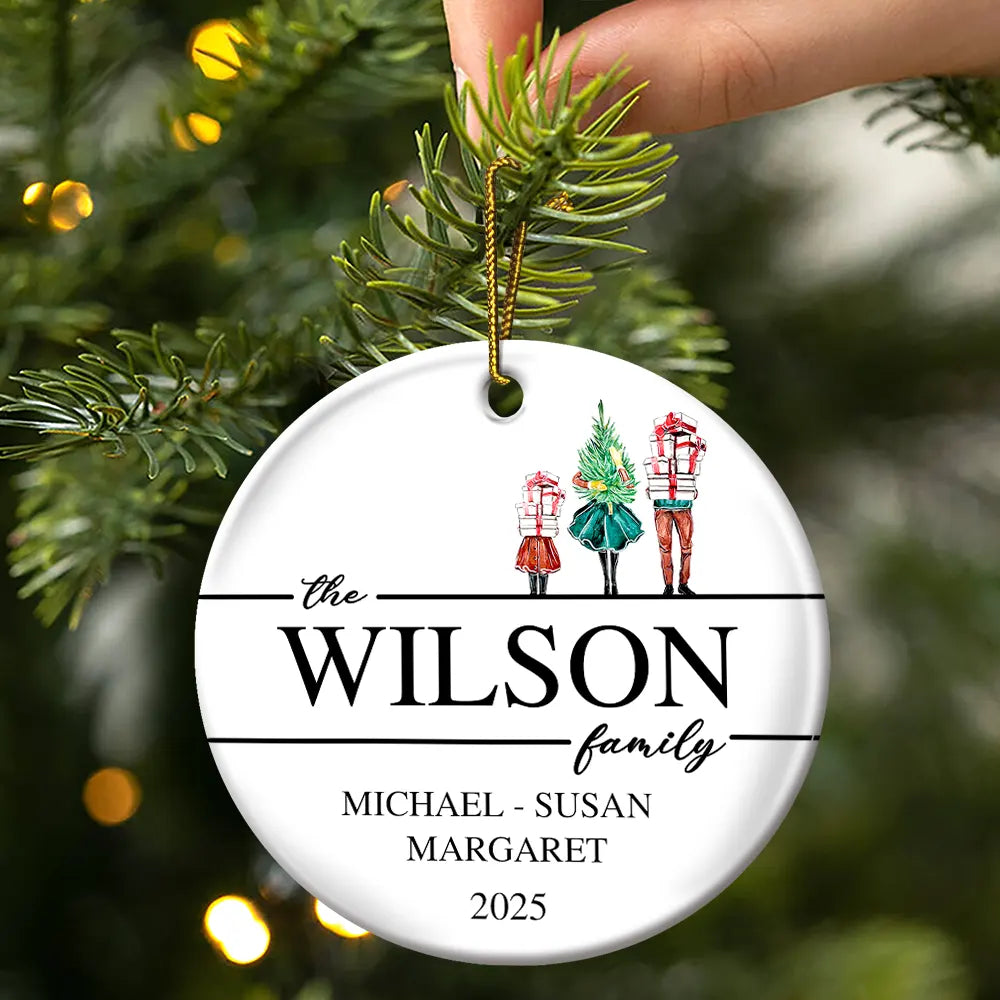 Family, Happy, Christmas - Christmas Family Members Holiday Shopping Watercolor - Personalized Circle Ceramic Ornament