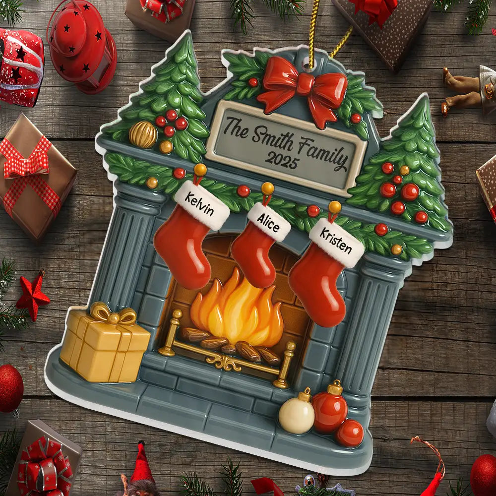 Family,Gift For Women,Gift For Men,Pet Lovers,Happy,Christmas - Christmas Fireplace Family Stockings Ceramic Effect - Personalized Custom Shaped Acrylic Ornament